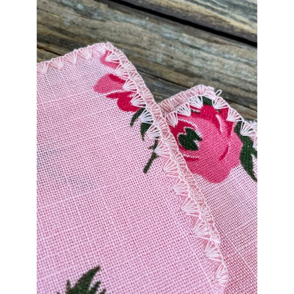 Vintage 1950s set of 4 Pink Linen Rose Print Napkins Unused - Picture 8 of 11